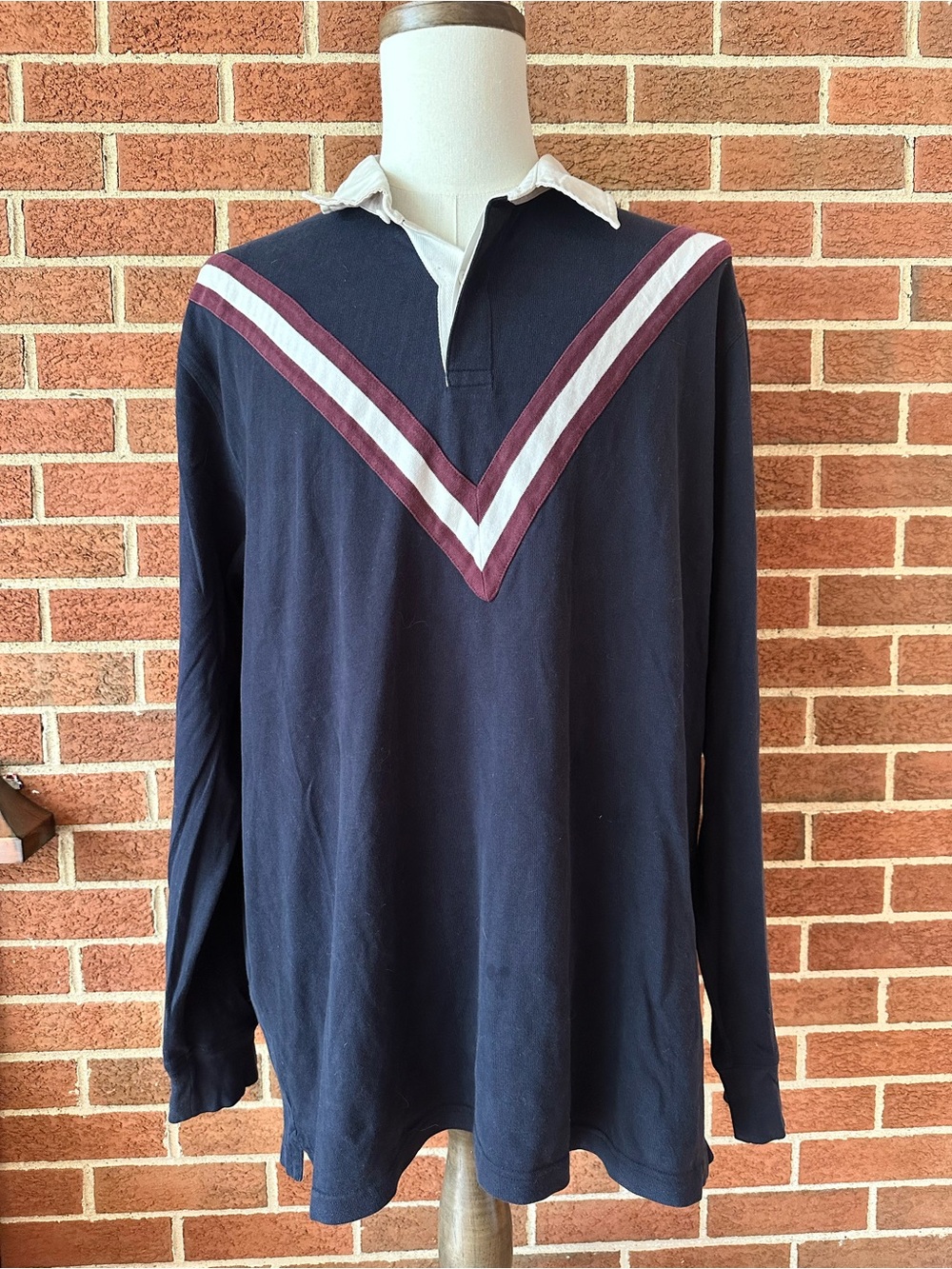 Brooks Brothers Rugby Shirt Mens XXL Navy White Maroon V Stripe Long Sleeve